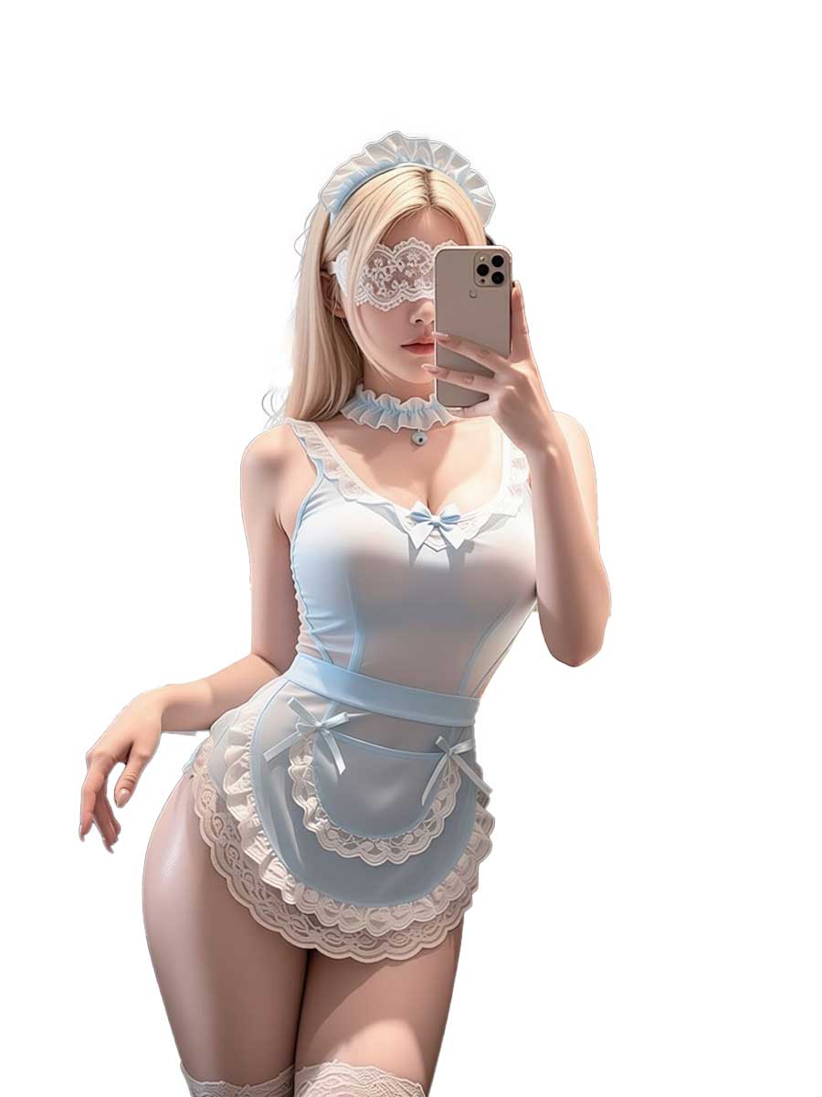Lace Teddy Lingerie - ジミコ製、ブルーとホワイトのレースがあしらわれたベビードール風ボディスーツ。女性用、袖なし、エプロン風のデザインのランジェリードレス。メイド風ユニフォーム、コスプレ衣装。