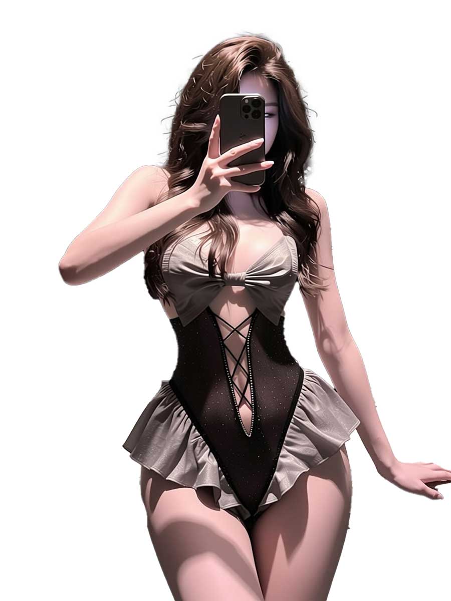 Lace Teddy Lingerie - ジミコ製、黒とグレーのフリル付きメイド風ランジェリーコスチューム。女性用、リボンとカットアウトデザイン、レースアップのテディボディスーツ、ワンピースタイプのルームウェア、コスプレセット。