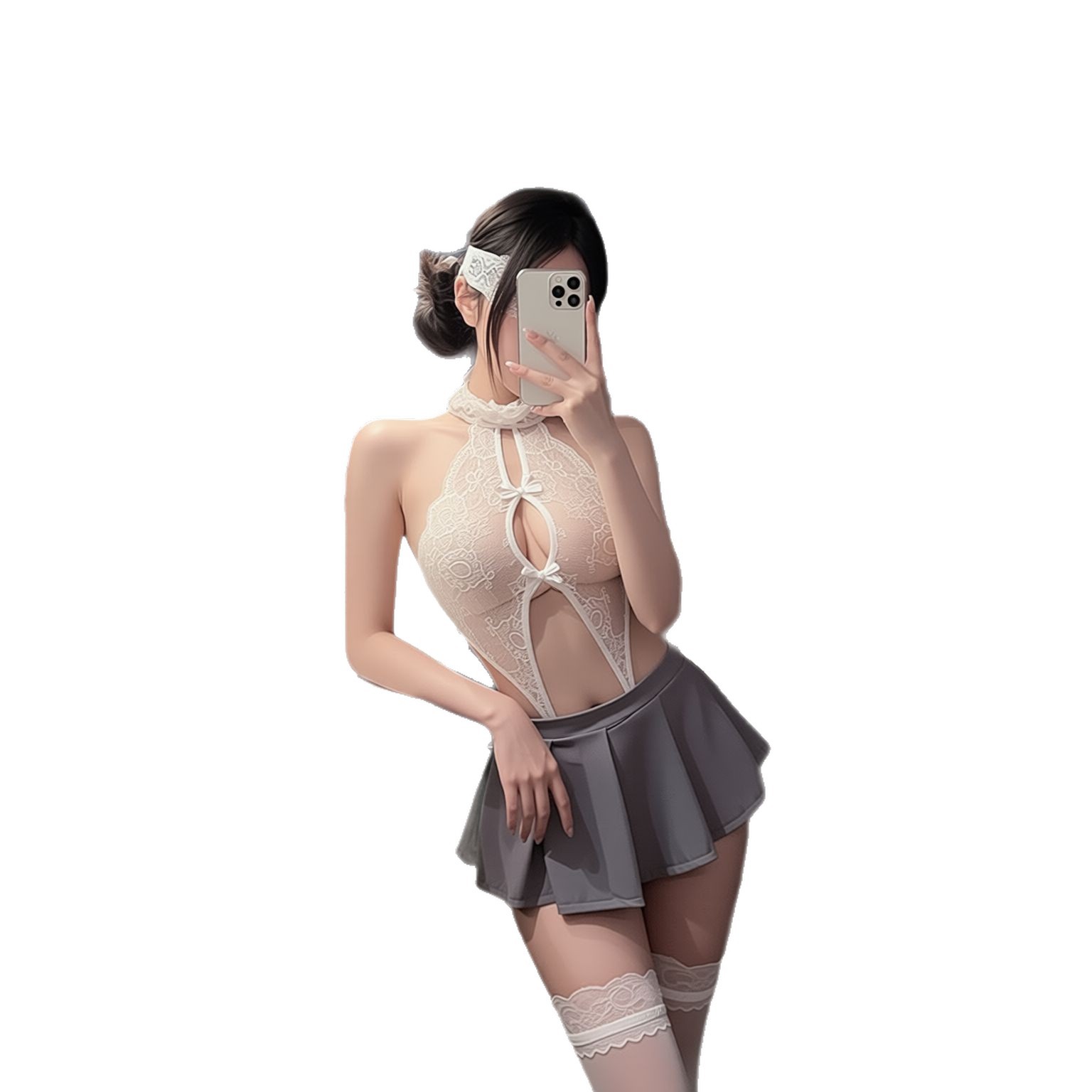 Lace Teddy Lingerie - ジミコ 女性用 白いレースのホルターネックボディスーツ、グレーのプリーツミニスカート、2点セットのランジェリーセット、カットアウトデザインのテディ、レーススカートのパジャマ