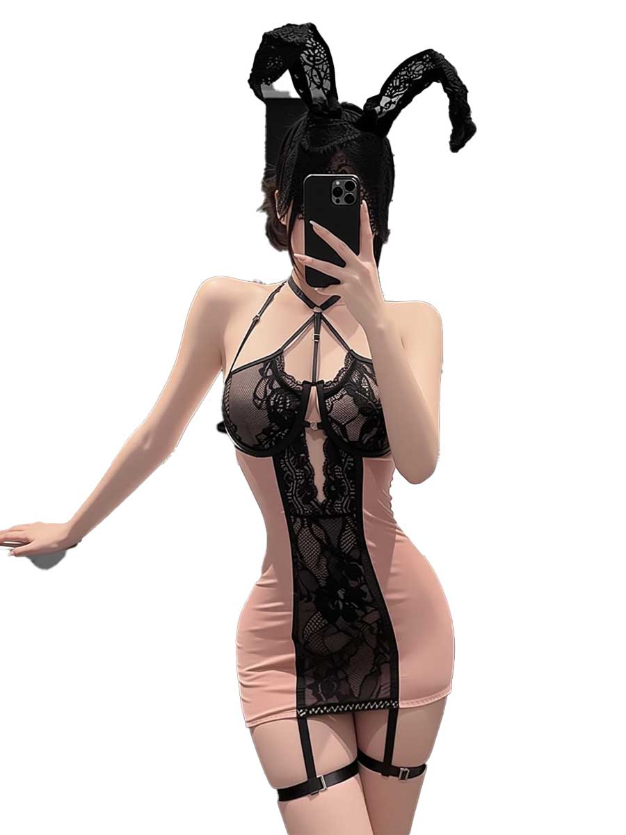 Lace Teddy Lingerie - ジミコ 女性用 ピンクと黒のレースが施されたボディコンミニドレス、ホルターネックのカットアウトメッシュランジェリーコスチューム、透け感のあるテディ風スリープウェア、レースのナイトドレス。