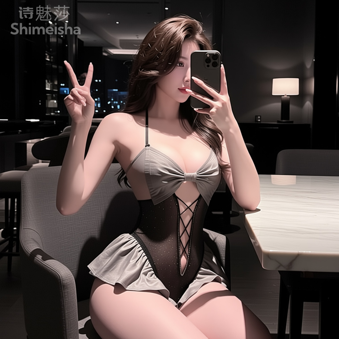 ジミコ製、黒とグレーのフリル付きメイド風ランジェリーコスチュ - Lace Teddy Lingerie のレビューと価格